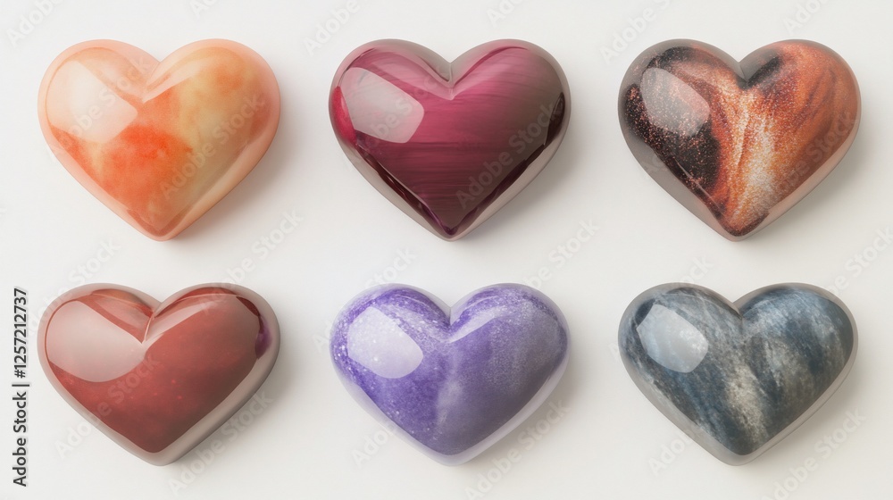Fototapeta premium Colorful heart-shaped stones on white background for Valentine's Day
