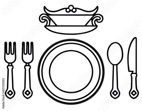 An antique table setting with a vintage dinner knife and sketch plate. A set of modern illustration signs with a restaurant fork, spoon, kitchen utensils, and banquet engraving cutlery. 