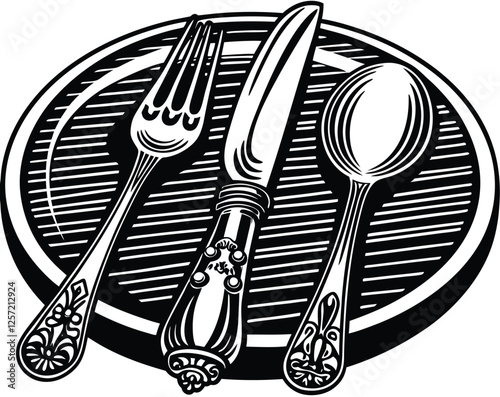 An antique table setting with a vintage dinner knife and sketch plate. A set of modern illustration signs with a restaurant fork, spoon, kitchen utensils, and banquet engraving cutlery. 