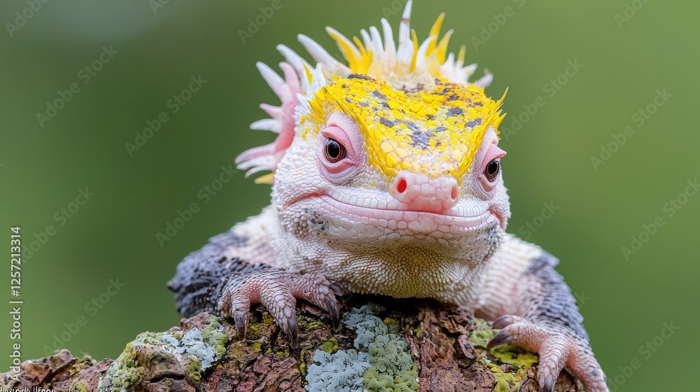 Obraz premium Colorful lizard perched on mossy log, rainforest background; nature wildlife photography
