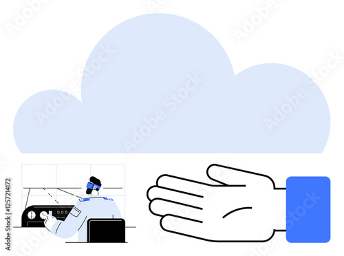 Cloud, person using equipment, helping hand, technological elements. Ideal for tech services, customer support, cloud solutions, human-machine collaboration IT assistance online services. Line