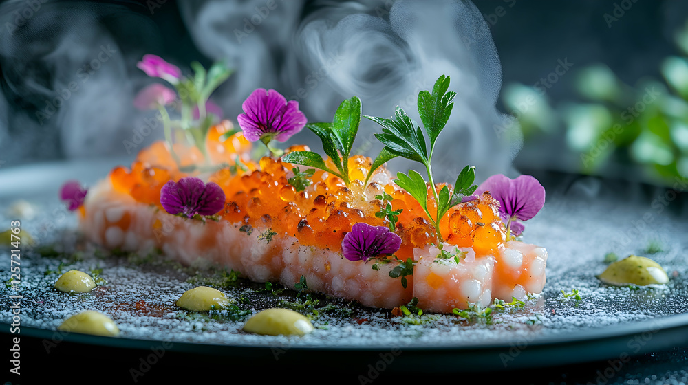 Photo: Steaming Salmon Dish with Garnish Orange Roe and Parsley Photo: Steaming Salmon Dish with Garnish Orange Roe and Parsley