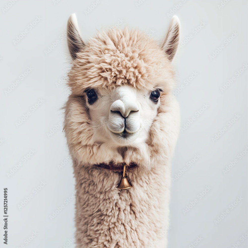 Adorable Fluffy Alpaca with Golden Bell: Close-Up Animal Portrait