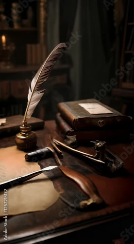 letter looping timey old ancient table candle quill retro vintage feather pen antique animation inkwell background desk 4k candlelight paper parchment document historic effects manuscript video photo