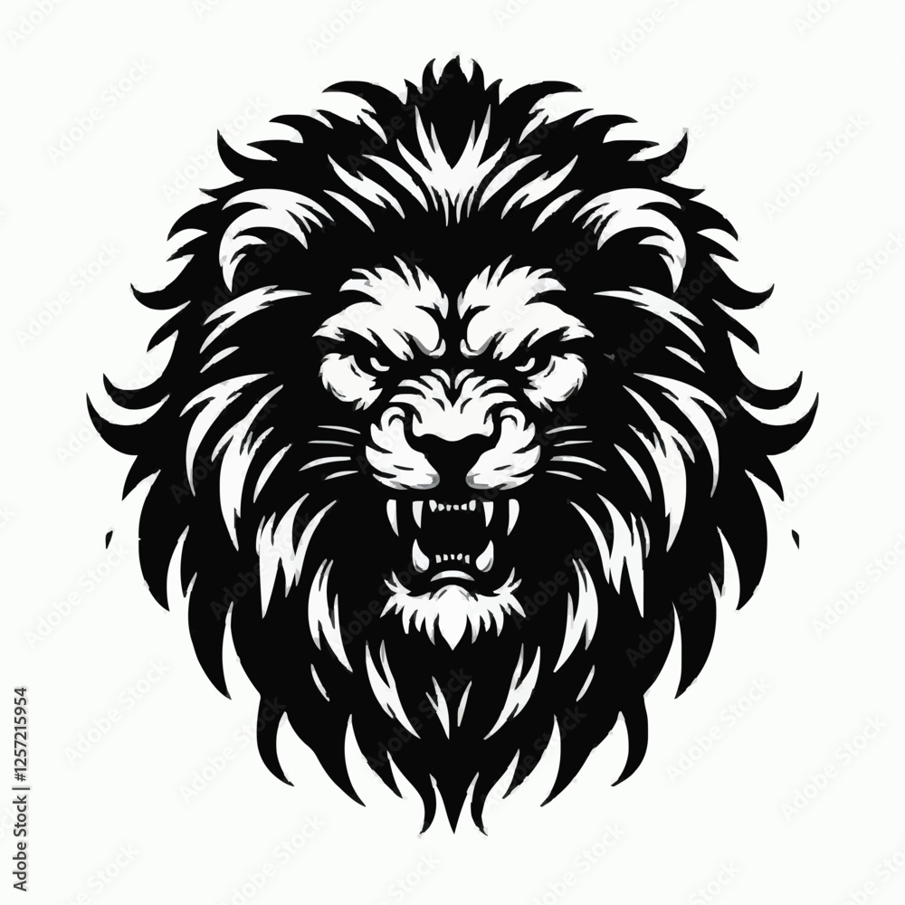Obraz premium Monochrome Angry Lion Front Face Design Logo Style Vector Illustration Silhouette on White Background for Tattoo Photo Overlays T-shirt Print Flyer Poster Design