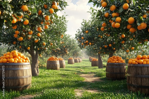 Harvesting oranges citrus grove nature landscape lush environment serene viewpoint