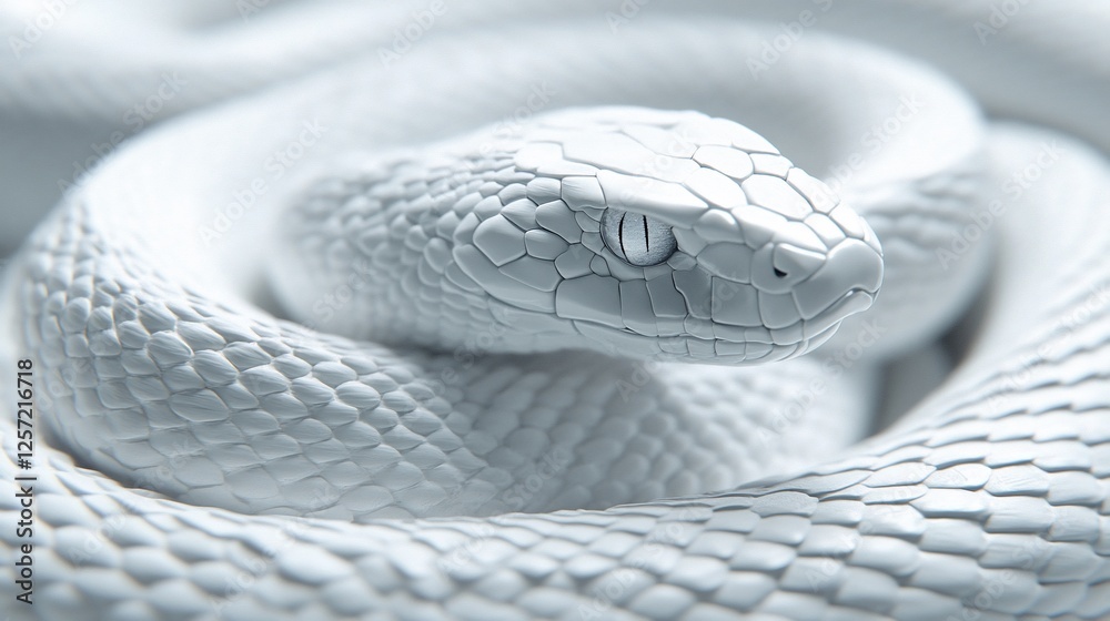Fototapeta premium White snake coiled, studio shot, blurred background, design element