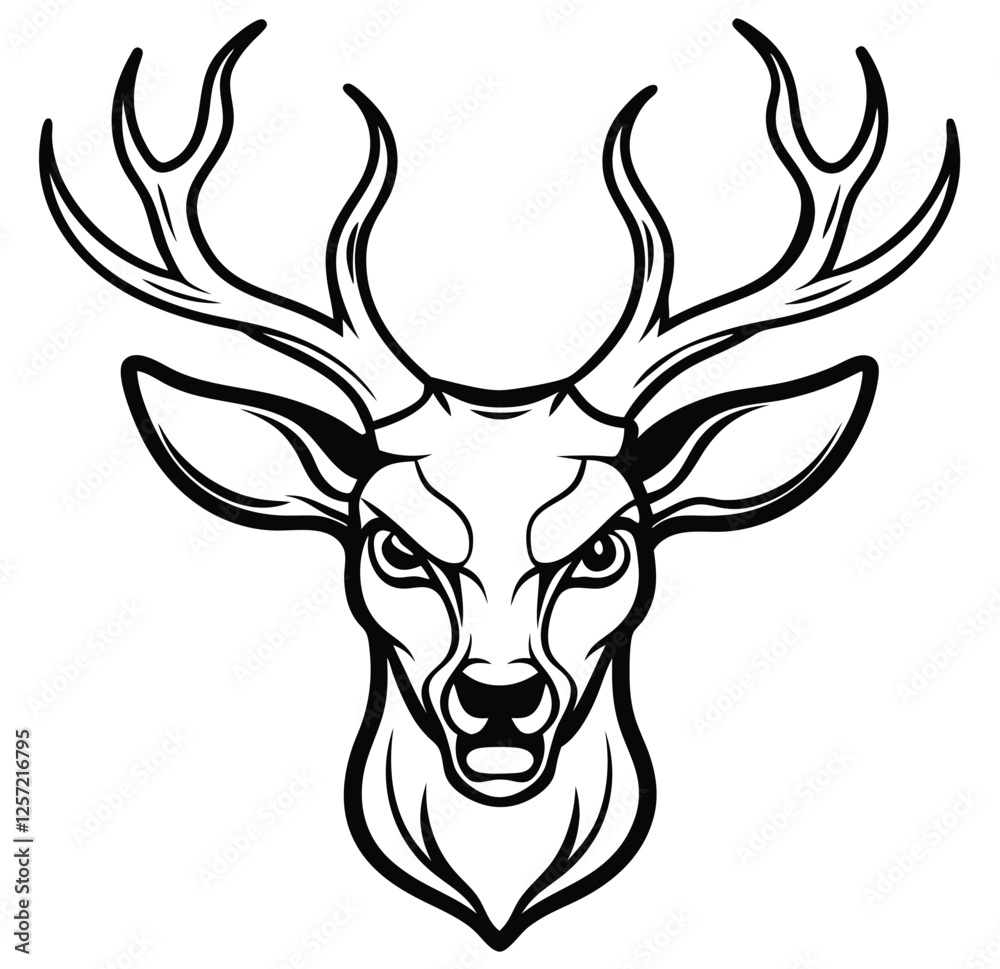 Naklejka premium Monochrome Reindeer Front Face Design Logo Style Vector Illustration Silhouette on White Background for Tattoo Photo Overlays T-shirt Print Flyer Poster Design