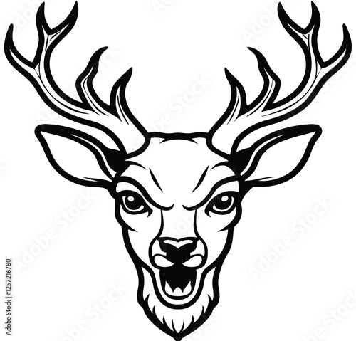 Monochrome Barking Reindeer Front Face Design Logo Style Vector Illustration Silhouette on White Background for Tattoo Photo Overlays T-shirt Print Flyer Poster Design
