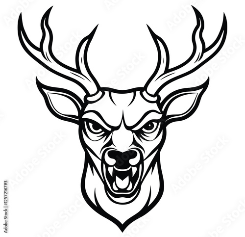 Monochrome Barking Reindeer Front Face Design Logo Style Vector Illustration Silhouette on White Background for Tattoo Photo Overlays T-shirt Print Flyer Poster Design