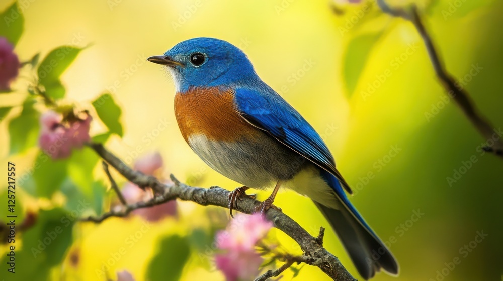 Eastern Bluebird Perched on a Branch with Pink Blossoms in Spring Eastern Bluebird Perched on a Branch with Pink Blossoms in Spring