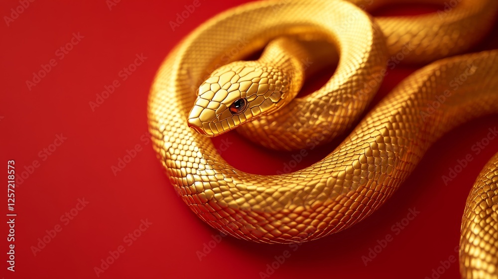 A golden snake on an isolated red background. The snake's body is winding into a very perfect shape, and the light bounces off the snake, creating different shades of reflections. This scene creates A golden snake on an isolated red background. The snake's body is winding into a very perfect shape, and the light bounces off the snake, creating different shades of reflections. This scene creates