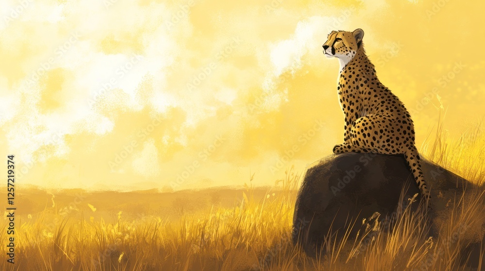 Elegant cheetah sits atop a rock surveying the vast savanna Elegant cheetah sits atop a rock surveying the vast savanna