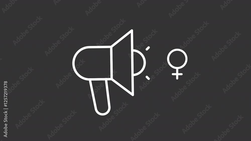 Feminism protest white line animation. Megaphone with female sign animated icon. Women public street action. Isolated illustration on dark background. Transition alpha video. Motion graphic