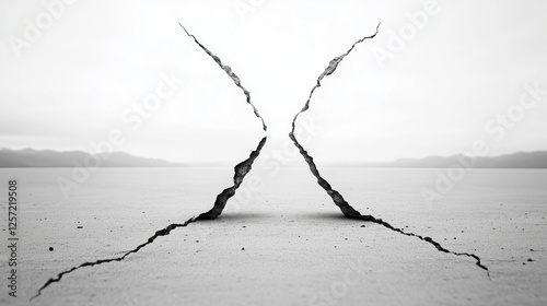 Cracked Earth, Symbolic Crossroads: A stark, black and white landscape photograph depicting a dramatic 'X'-shaped crack in the earth, suggesting a point of division, change, or a symbolic crossroads. photo