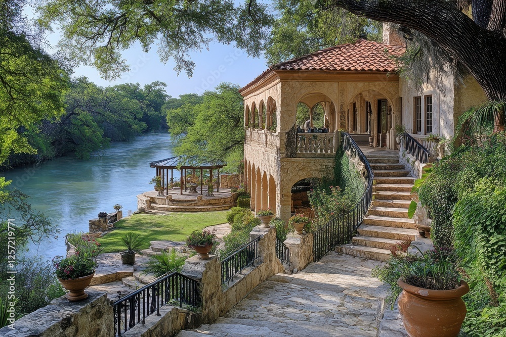 Fototapeta premium Tranquil luxury serene riverfront villa in texas real estate photography