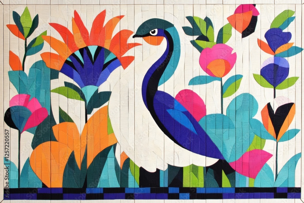 Fototapeta premium Colorful Bird among Floral Patterns