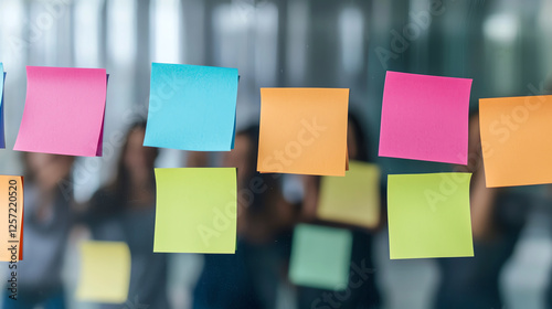 Brainstorming session with colorful sticky notes on glass wall photo