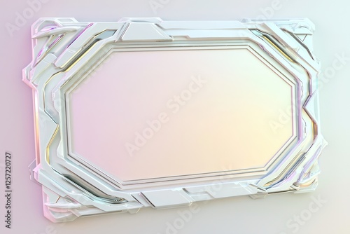 Robotic engravings accentuate a white frame on a dynamically polished gradient.