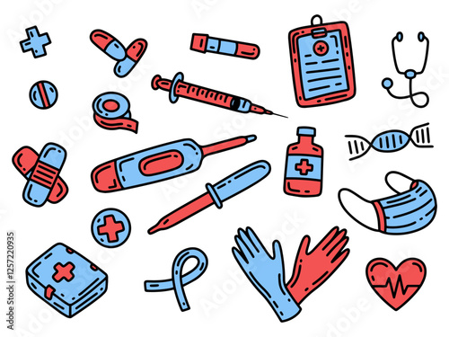 Medical and healthcare doodles hand drawn icon set, vector illustration