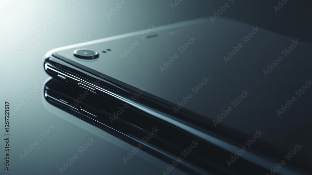 Modern Black Smartphone Close-Up on Reflective Surface Modern Black Smartphone Close-Up on Reflective Surface