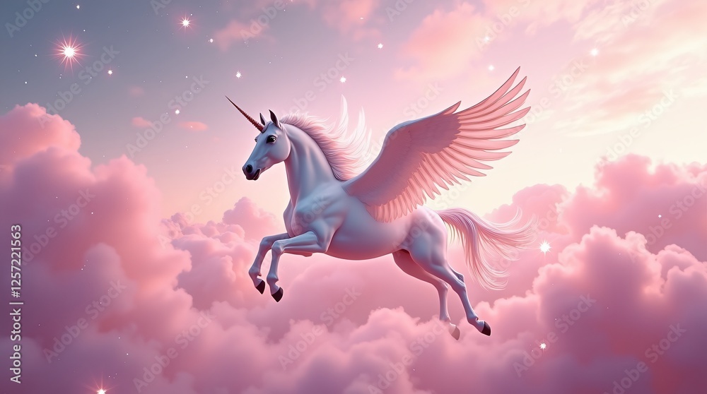 Unicorn flying above pink clouds with spread wings Unicorn flying above pink clouds with spread wings