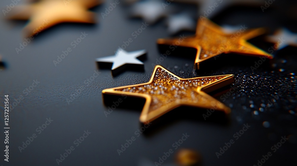 Close Up of Small Sparkling Golden and Silver Stars on Black Background Close Up of Small Sparkling Golden and Silver Stars on Black Background