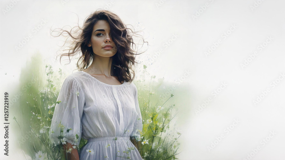 Nature-Inspired Portrait of a Woman with Flowing Hair and Leaf Motif Nature-Inspired Portrait of a Woman with Flowing Hair and Leaf Motif
