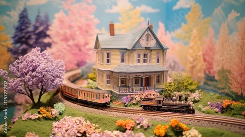 Miniature house and train set in a colorful landscape