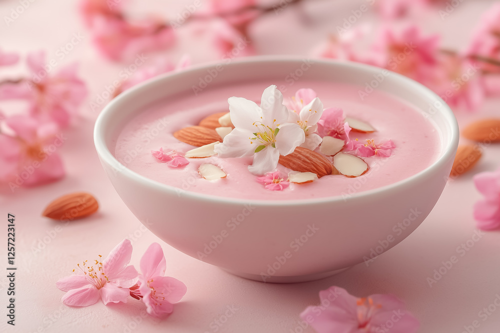 A pink smoothie bowl garnished with edible flowers and almonds, softly lit and centered on a plain surface, concept of healthy eating