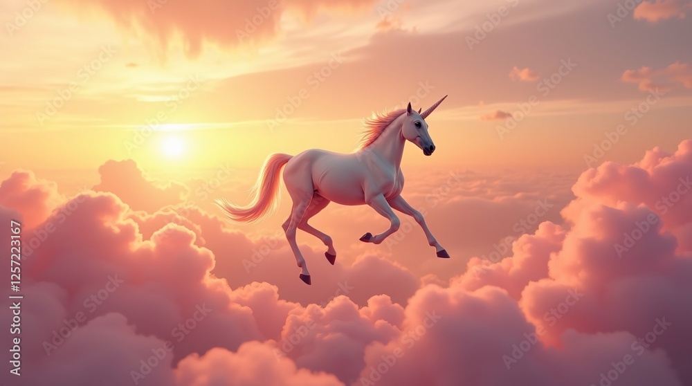 Unicorn running on pink clouds against sunset sky Unicorn running on pink clouds against sunset sky