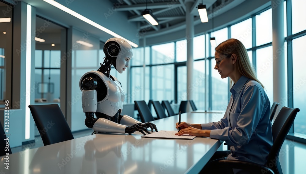 Woman signing a document with robot in modern office. Technology and AI concept. For banner, flyer, business presentation. Woman signing a document with robot in modern office. Technology and AI concept. For banner, flyer, business presentation.