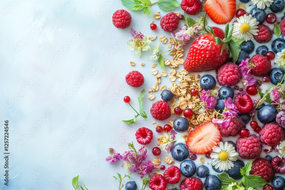 A vibrant smoothie bowl topped with fresh berries and granola, placed on a simple white surface with soft natural light, concept of healthy eating A vibrant smoothie bowl topped with fresh berries and granola, placed on a simple white surface with soft natural light, concept of healthy eating