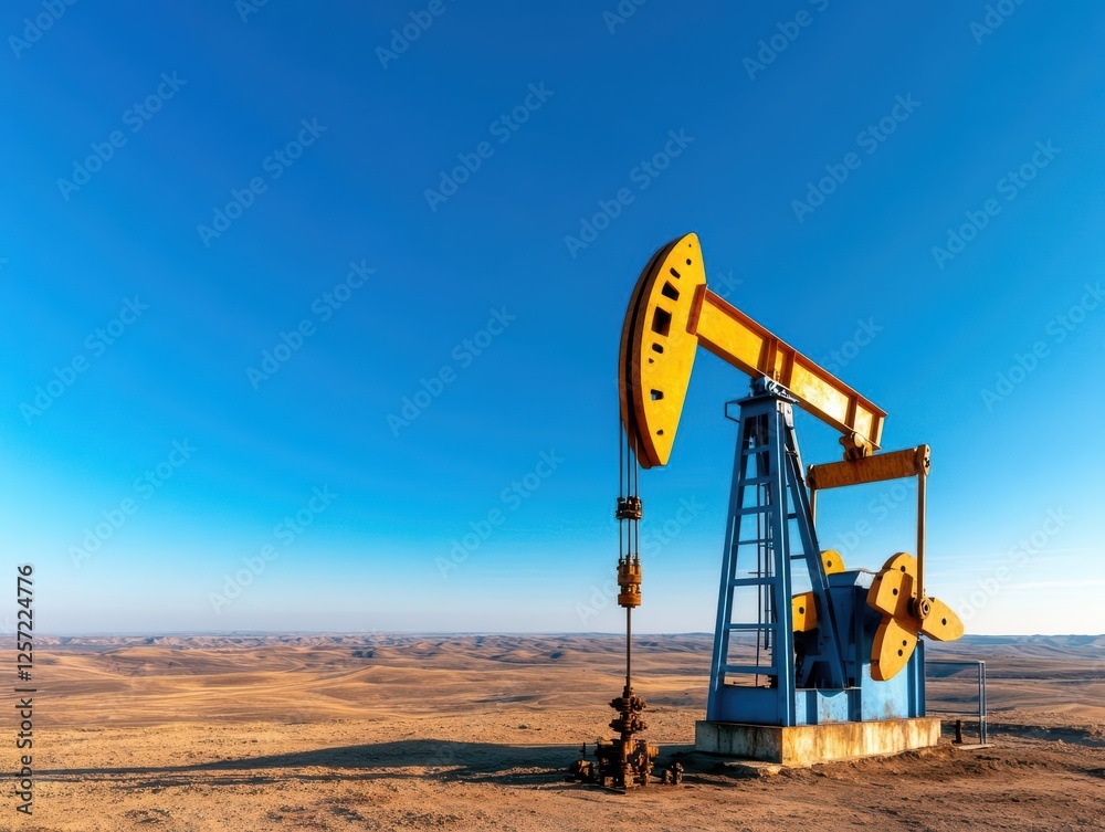 Oil pump working in a vast desert landscape under a clear blue sky during daylight hours Oil pump working in a vast desert landscape under a clear blue sky during daylight hours