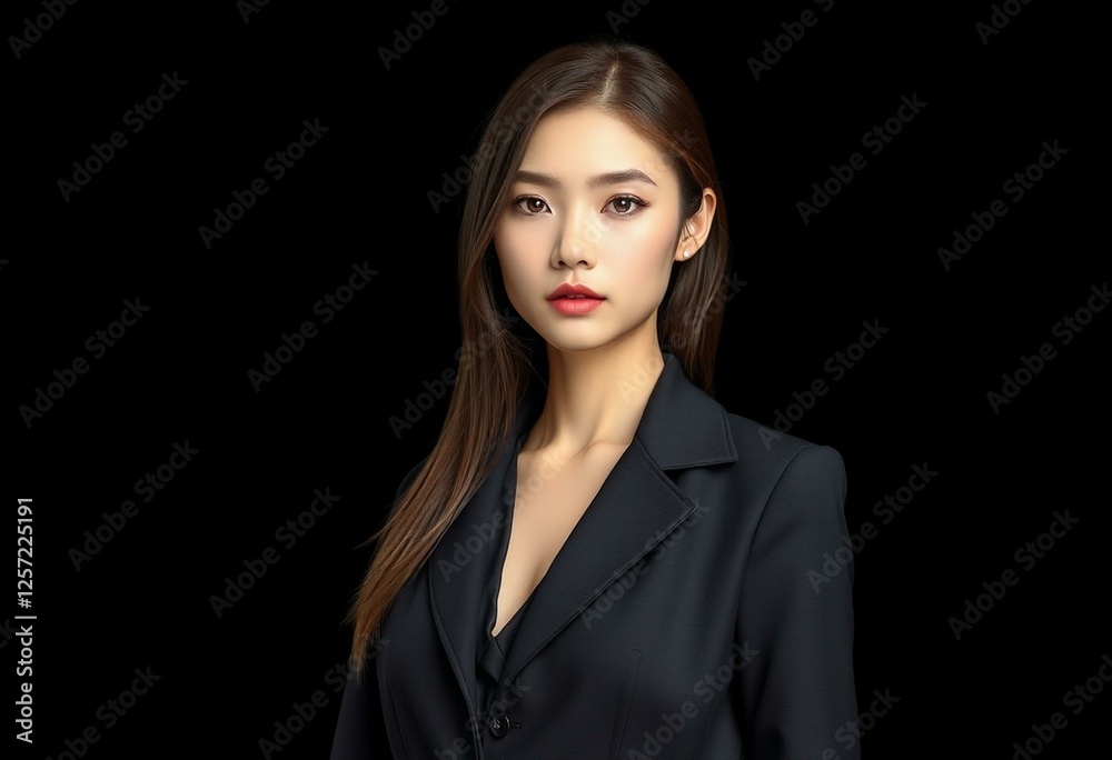 Female portrait on black background with modern outfit and subtle gradient effect Female portrait on black background with modern outfit and subtle gradient effect