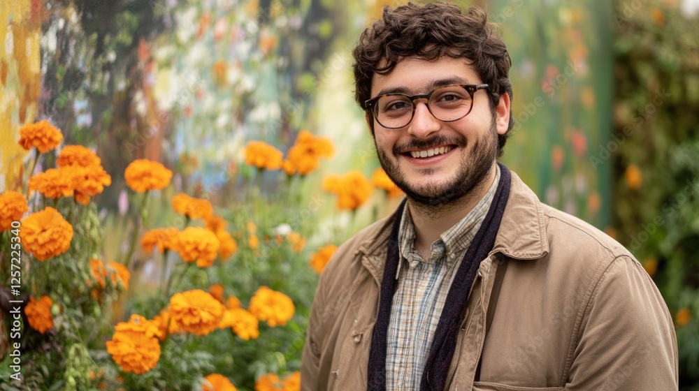 Smiling man with glasses poses among orange marigold flowers Smiling man with glasses poses among orange marigold flowers