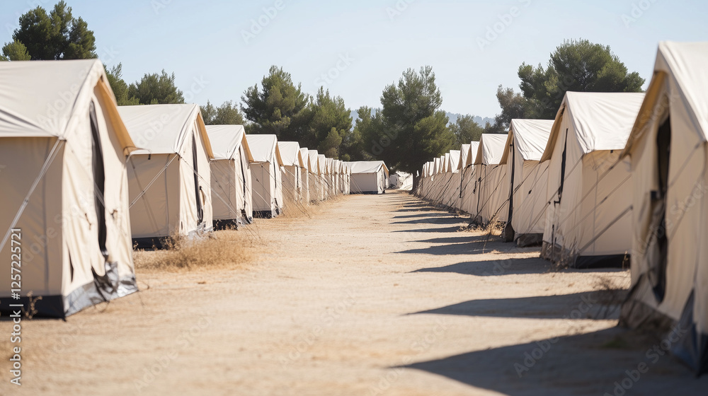 Temporary Housing Units: Rows of beige canvas tents stretch into the distance under a clear, sunny sky, creating a desolate yet organized landscape. Temporary Housing Units: Rows of beige canvas tents stretch into the distance under a clear, sunny sky, creating a desolate yet organized landscape.
