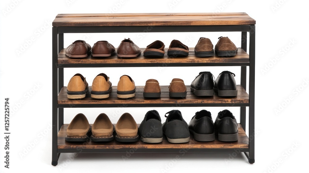 Wooden shoe rack with various shoes, organized storage solution, simple design, home organization Wooden shoe rack with various shoes, organized storage solution, simple design, home organization
