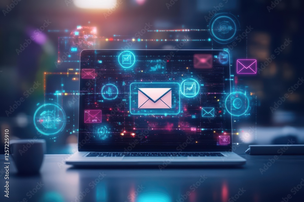 Laptop with multiple email icons displayed on the screen in a modern workspace setting Laptop with multiple email icons displayed on the screen in a modern workspace setting