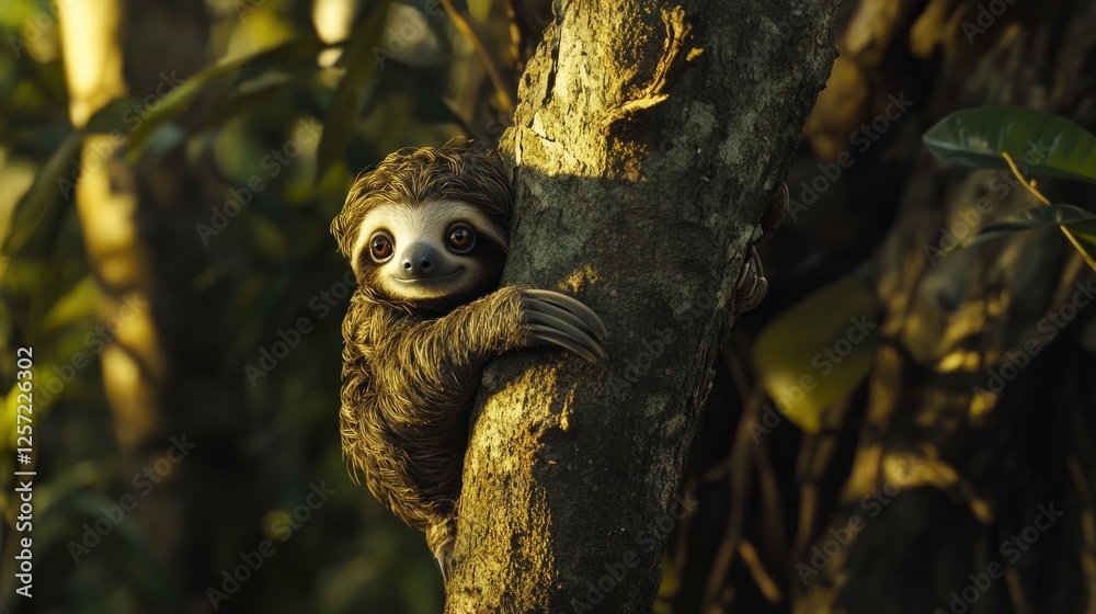 Obraz premium A cute sloth clings to a tree in the jungle