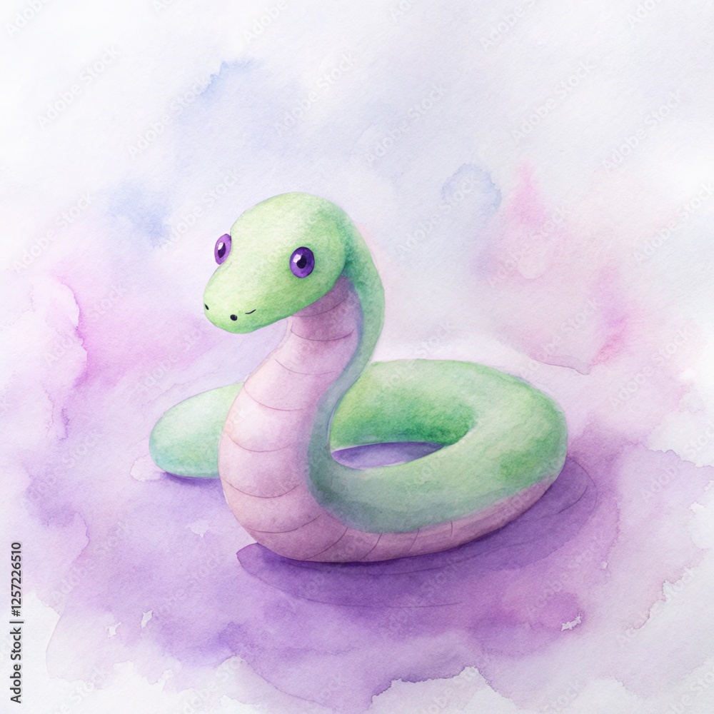 Fototapeta premium Pastel Dream Snake: An adorable, cartoonish green and pink snake with large, innocent eyes rests on a soft purple watercolor background.