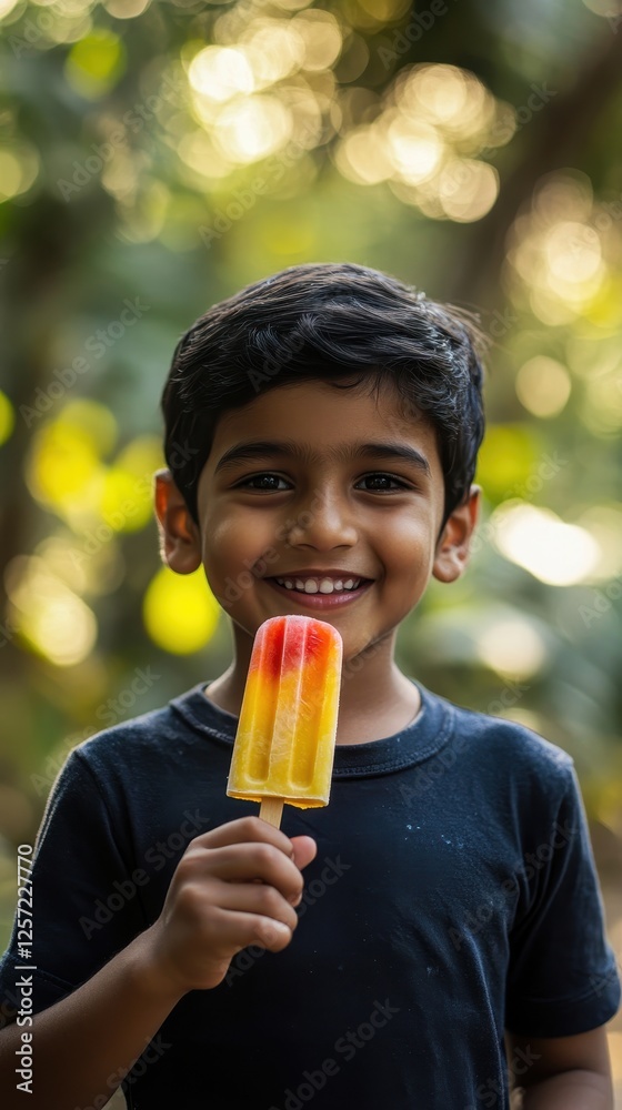 A cheerful South Asian boy enjoys a fruit popsicle while surrounded by greenery on a sunny day A cheerful South Asian boy enjoys a fruit popsicle while surrounded by greenery on a sunny day
