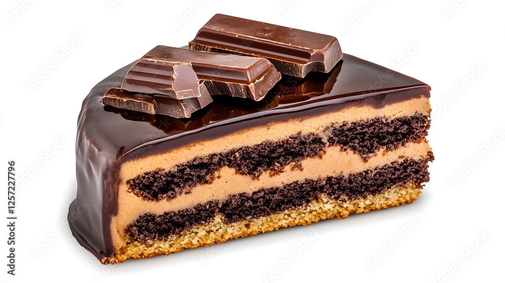 Chocolate Cake Slice With Chocolate Pieces On White Background Chocolate Cake Slice With Chocolate Pieces On White Background
