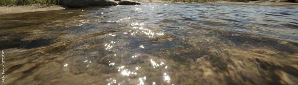 Shallow river flows gently over rocks and plant life Shallow river flows gently over rocks and plant life