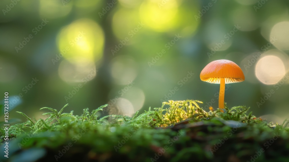 Tiny Orange Mushroom on Mossy Ground in Forest with Bokeh Background Tiny Orange Mushroom on Mossy Ground in Forest with Bokeh Background