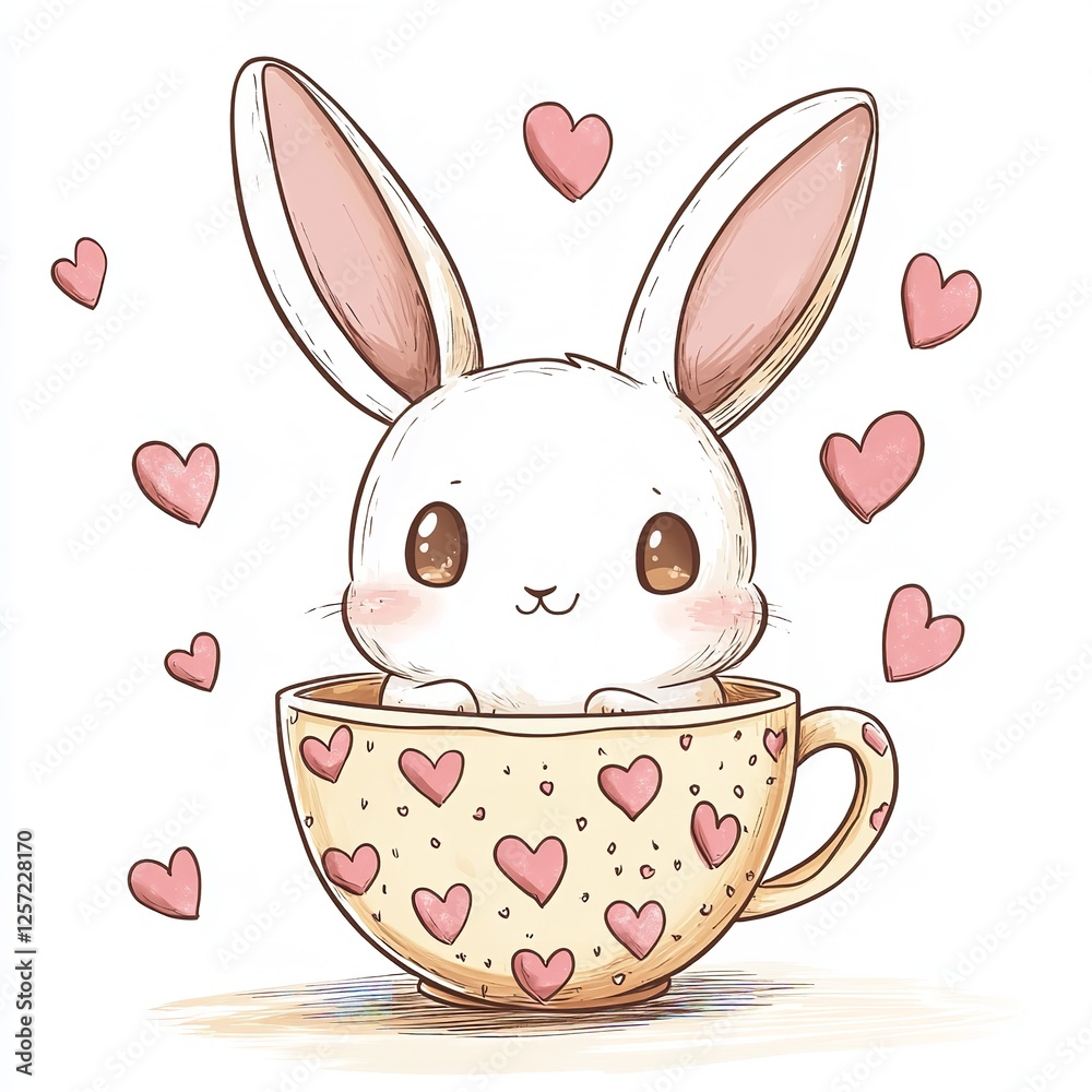 Adorable White Bunny Rabbit in a Cute Heart Teacup Illustration Lovely Kawaii Style Bunny Rabbit Design Perfect for Valentine's Day Cards and Cute Adorable White Bunny Rabbit in a Cute Heart Teacup Illustration Lovely Kawaii Style Bunny Rabbit Design Perfect for Valentine's Day Cards and Cute