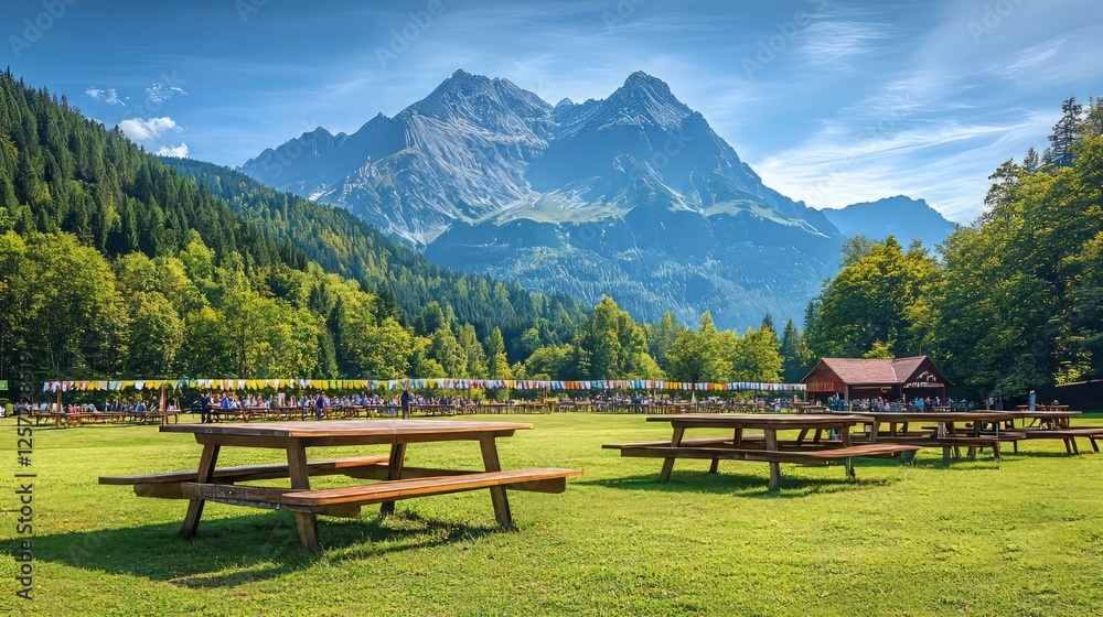 Scenic Alpine Meadow with Picnic Tables Mountain View Outdoor Festival Scenic Alpine Meadow with Picnic Tables Mountain View Outdoor Festival
