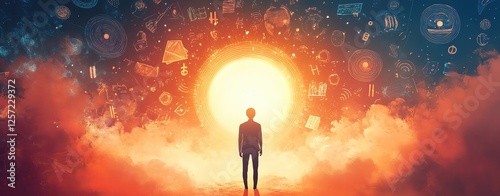 A person standing before a radiant sun.