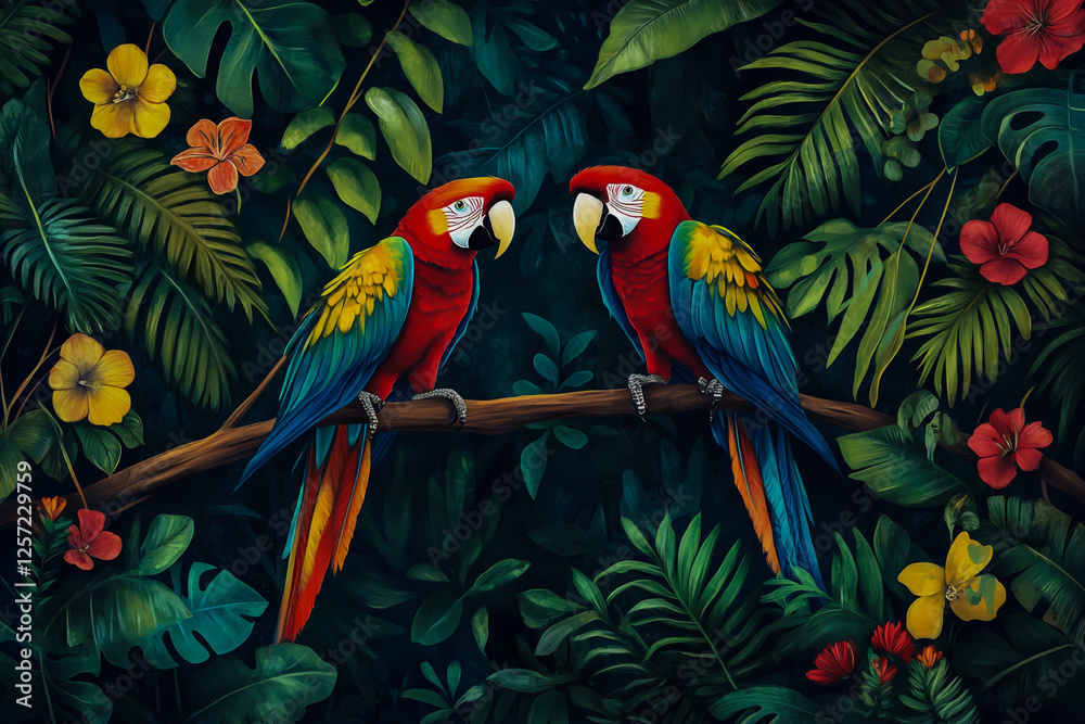 Fototapeta premium A vivid and detailed illustration of two lively parrots perched on a branch in a forest setting.