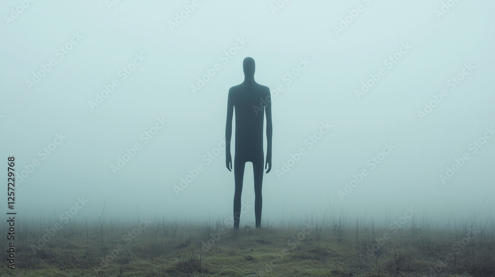 The Enigma in the Mist: A solitary figure shrouded in mystery, silhouetted against a backdrop of thick fog, evokes an unsettling feeling of intrigue. The Enigma in the Mist: A solitary figure shrouded in mystery, silhouetted against a backdrop of thick fog, evokes an unsettling feeling of intrigue.